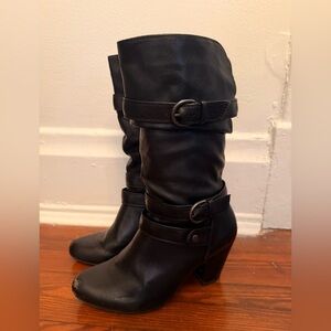 Apt 9 Mabil Black Slouch Mid Calf Buckle Boots 3” Heel Zip Side Womens Size 7